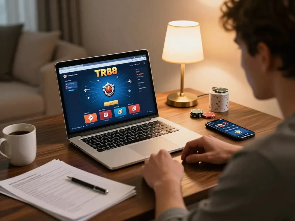 Engaging in online poker at TR88, player strategizes with notes and laptop