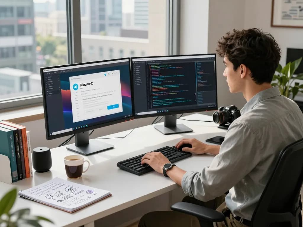A tech workspace featuring a developer using Telegram 中文 interface on dual monitors, showcasing a modern and professional environment.
