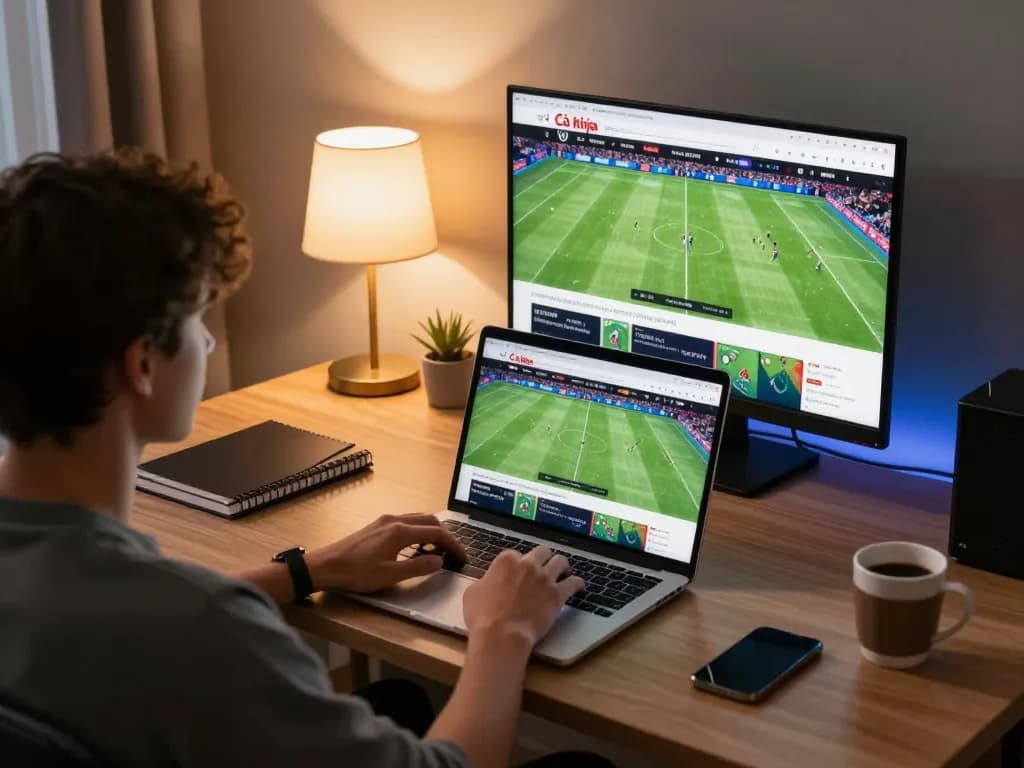 Cà khịa TV user enjoying live sports betting from home, laptop screen displaying football matches.