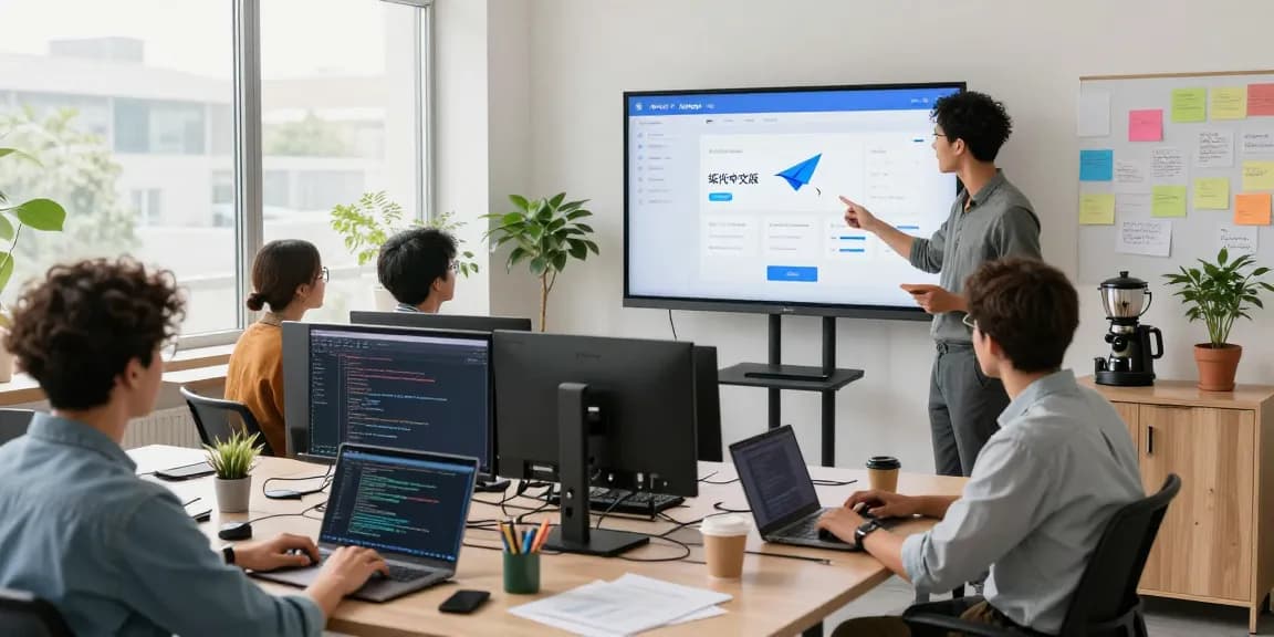 Collaborative team working on 纸飞机中文版 software development in a modern office.