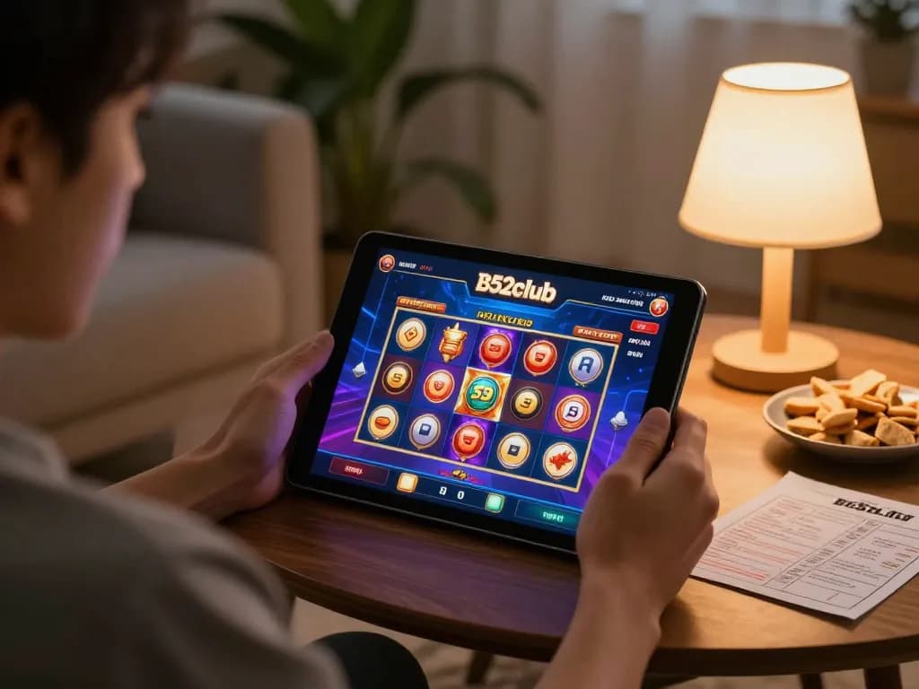 B52club player engaging with online casino games on tablet at home.