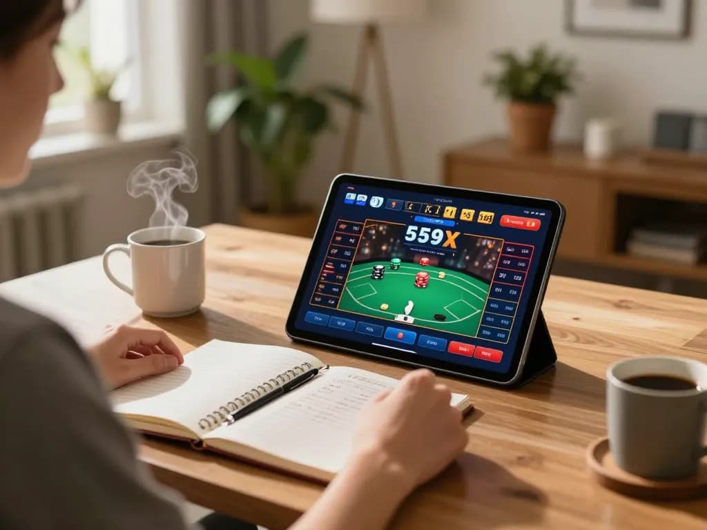 Player engaging with 559X online casino on tablet, showcasing a cozy gaming environment