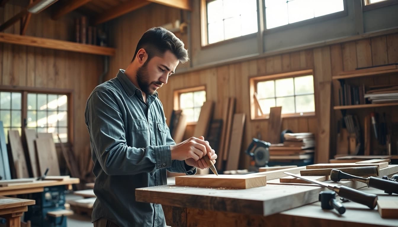 Crafting skills showcased in a carpentry apprenticeship with tools and materials representing craftsmanship.