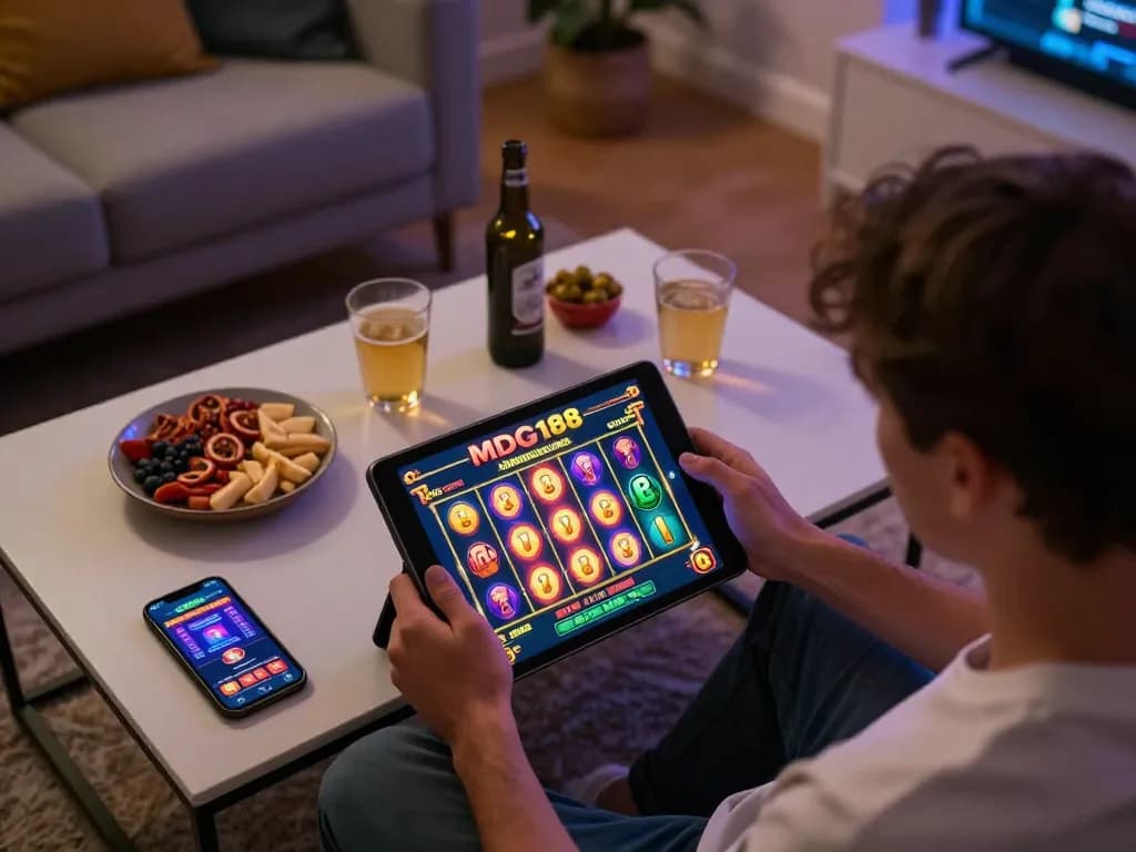 Player engaging in MDG188 slot game on tablet, showcasing vibrant online casino experience.