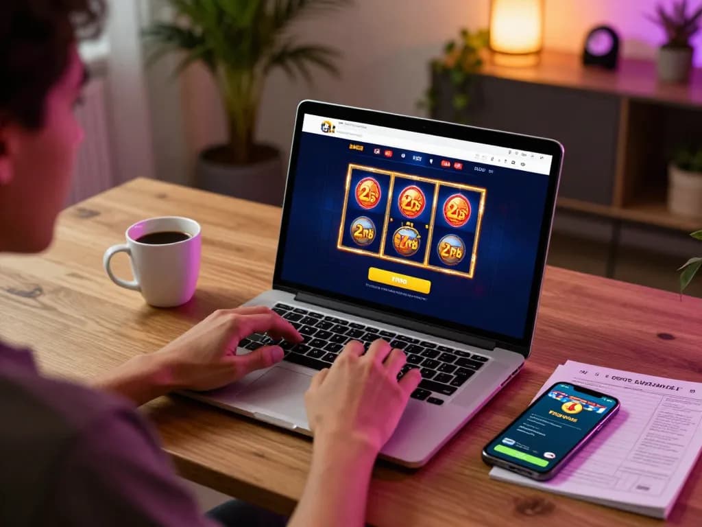 Engaging in slot deposit 2rb online gaming experience at home with laptop and smartphone
