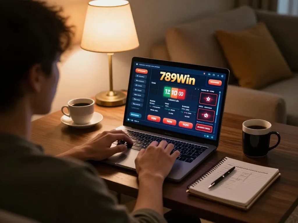 Person playing casino games on 789win laptop, showcasing exciting gameplay and comfortable setting