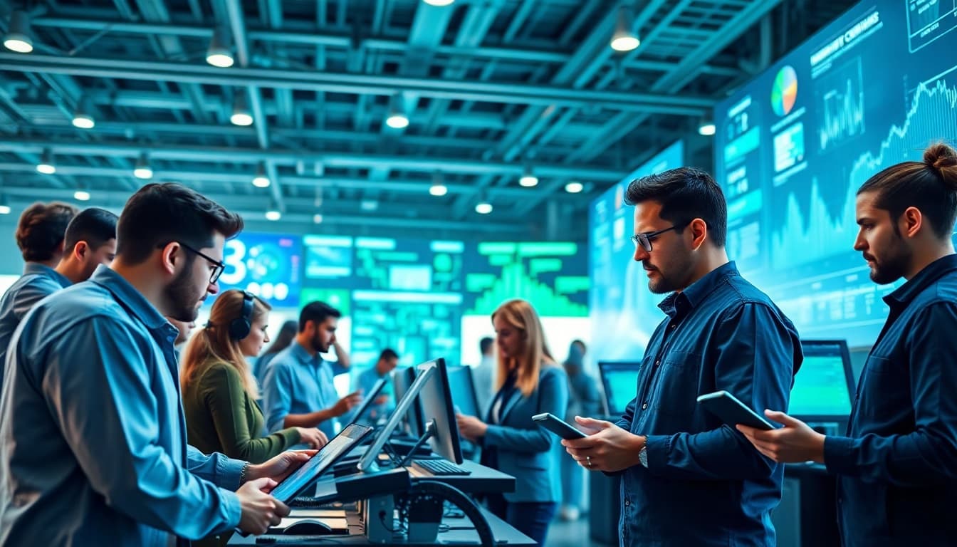 Illustration of technology companies collaborating in a vibrant innovation center.