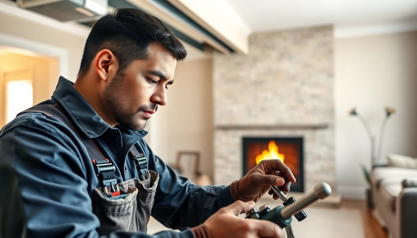 Technician performing heating repair lewisboro service in a cozy home setting.