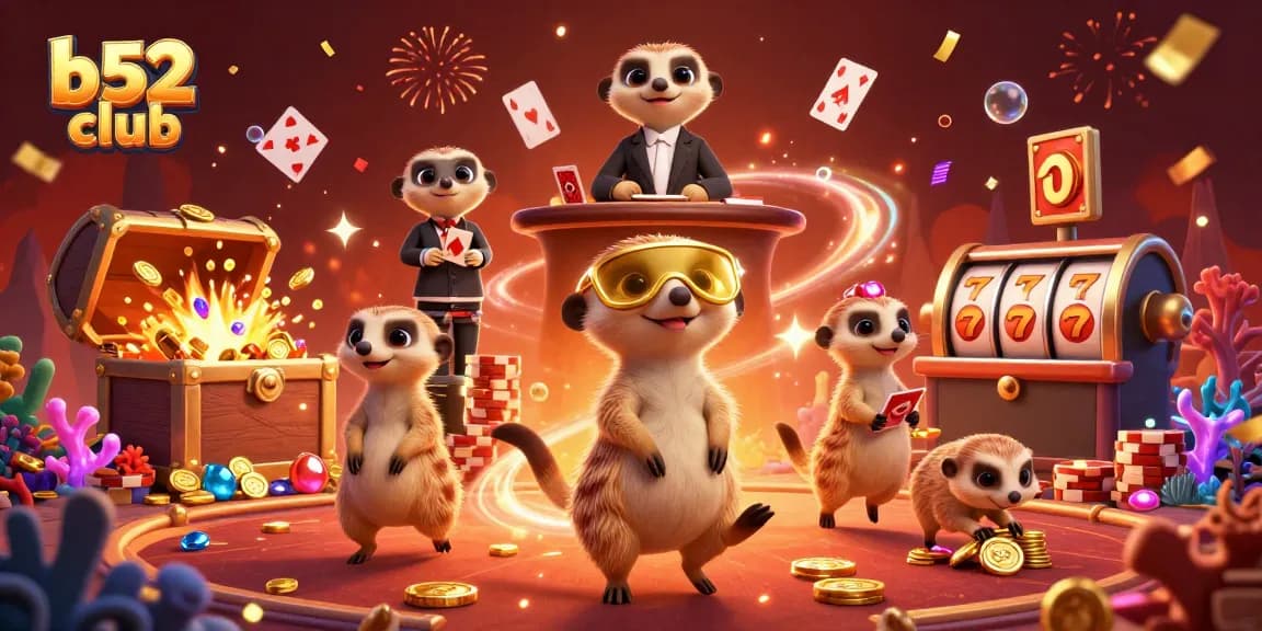 b52 club showcases cartoon meerkats managing a vibrant casino with dynamic elements and lively atmosphere.