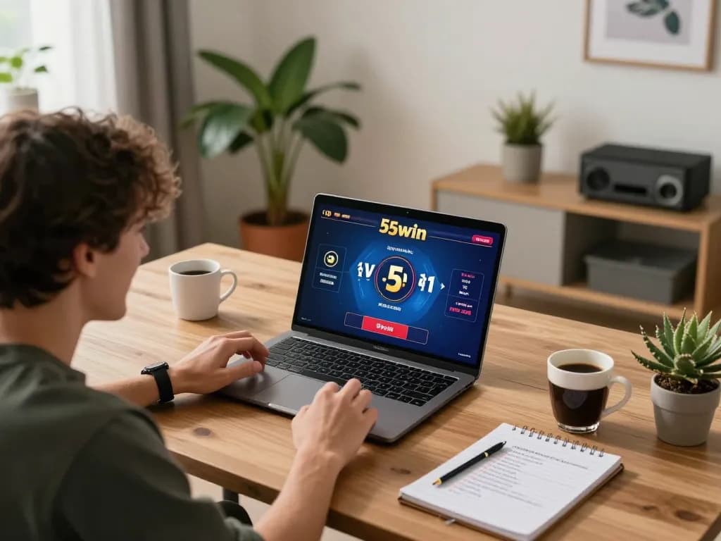 Player enjoying online gaming on 555win, engaging with live dealer options in a cozy home office.