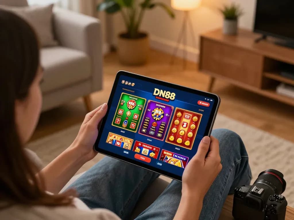 Logging in to DN88 app with engaging screen displaying exciting casino games in a cozy home setup.