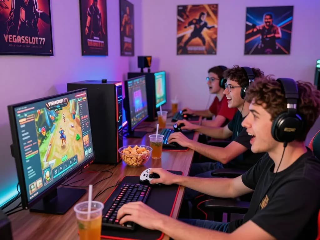 Excited gamers enjoying a lively session on VEGASSLOT77, surrounded by colorful screens and snacks.