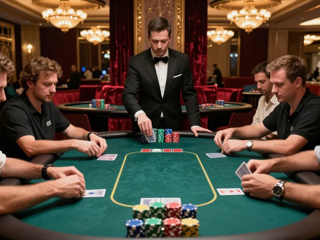 Players engaged in strategic poker gameplay at DA88 casino, showcasing luxury decor and vibrant chips