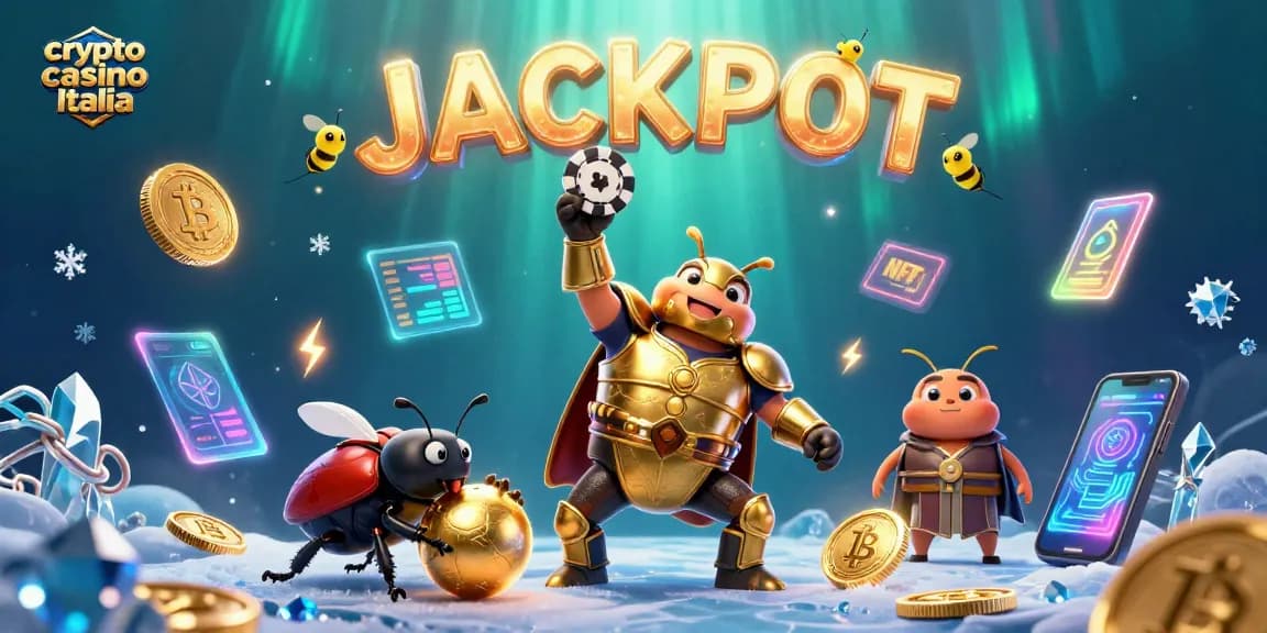 Gioca al crypto casino Italia con un scarabeo ercole che celebra la vittoria sulle criptovalute.