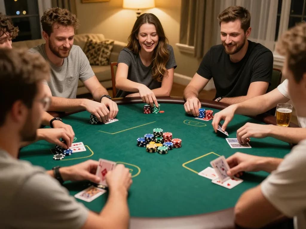 Players engaged in strategic Texas Hold'em poker game at home with a focus on 88i chip stacks and cards.