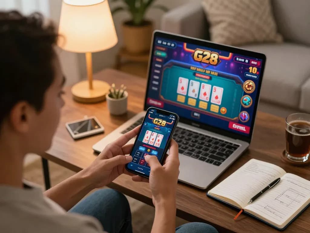 G28 online gaming experience featuring a player enjoying the casino app on their smartphone while studying strategy notes.