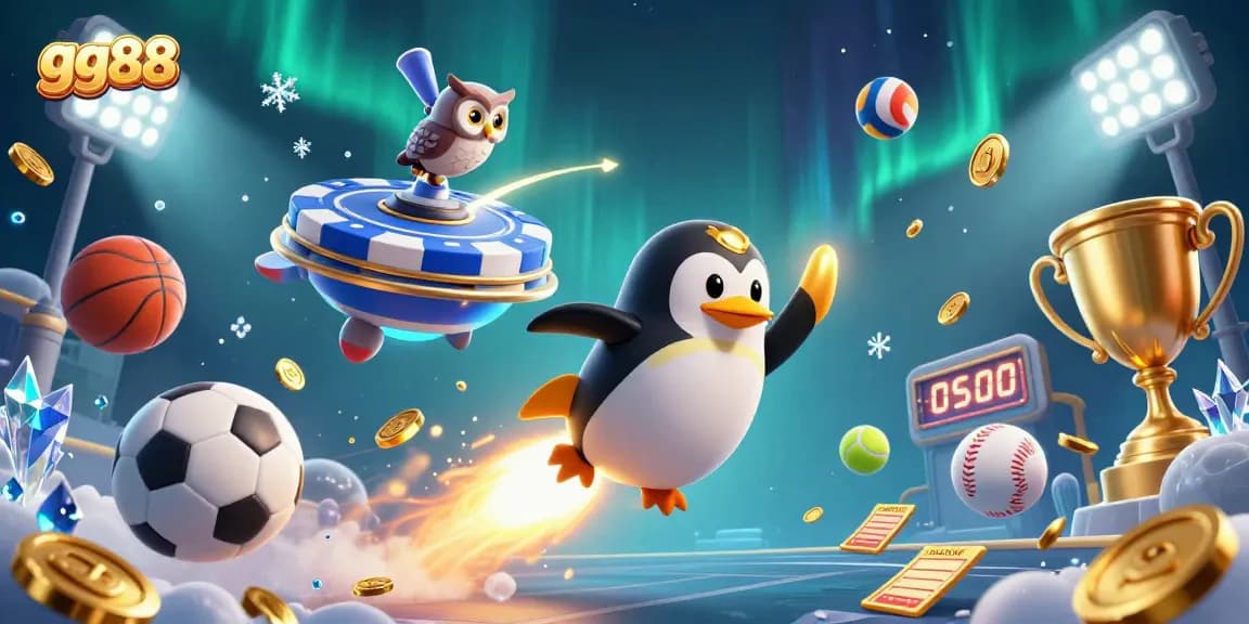 Experience exciting offers and promotions at gg88, featuring a golden penguin soaring towards a casino star.
