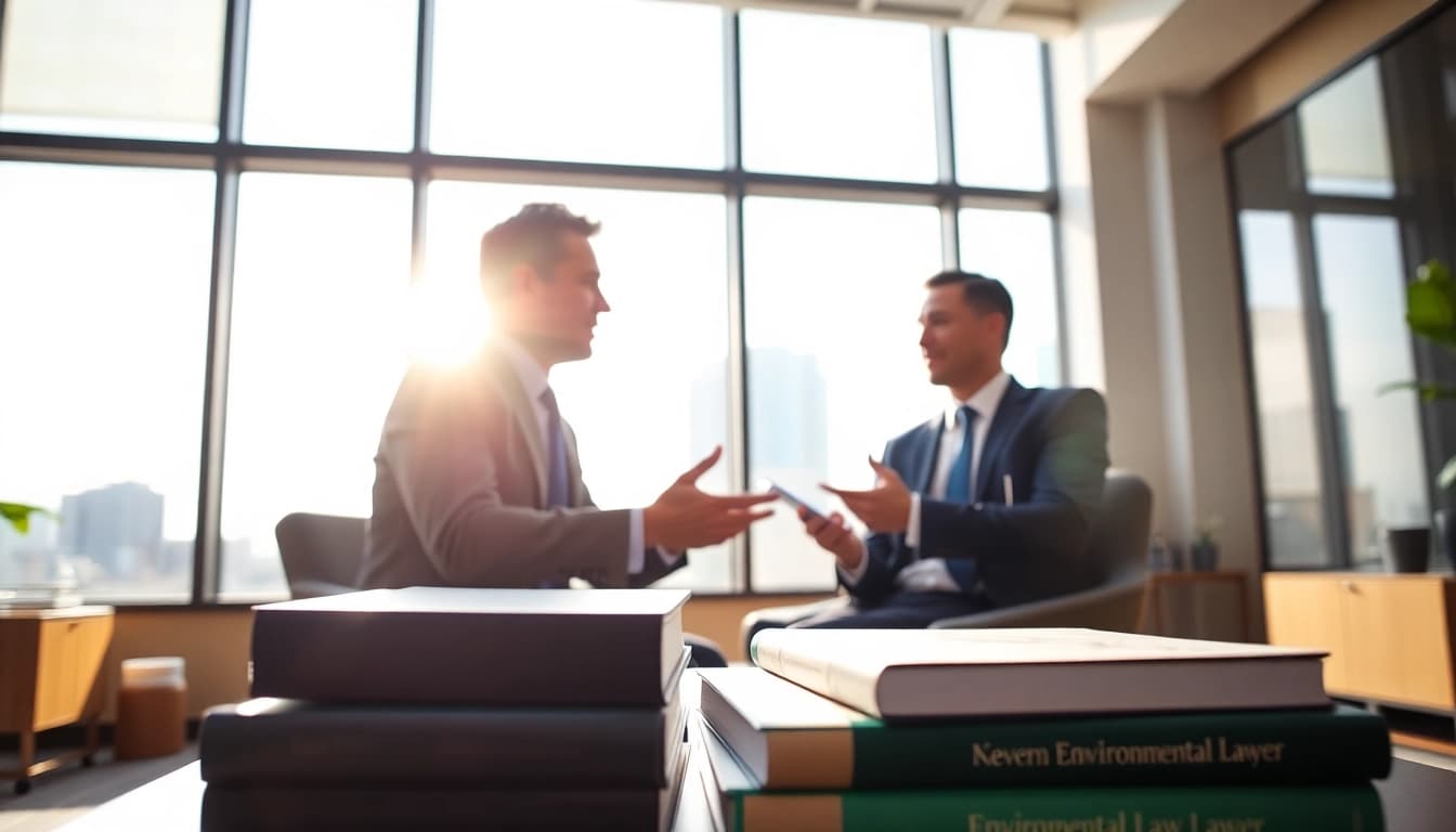 Consultation with an environmental lawyer in a modern office, emphasizing expertise in environmental law.