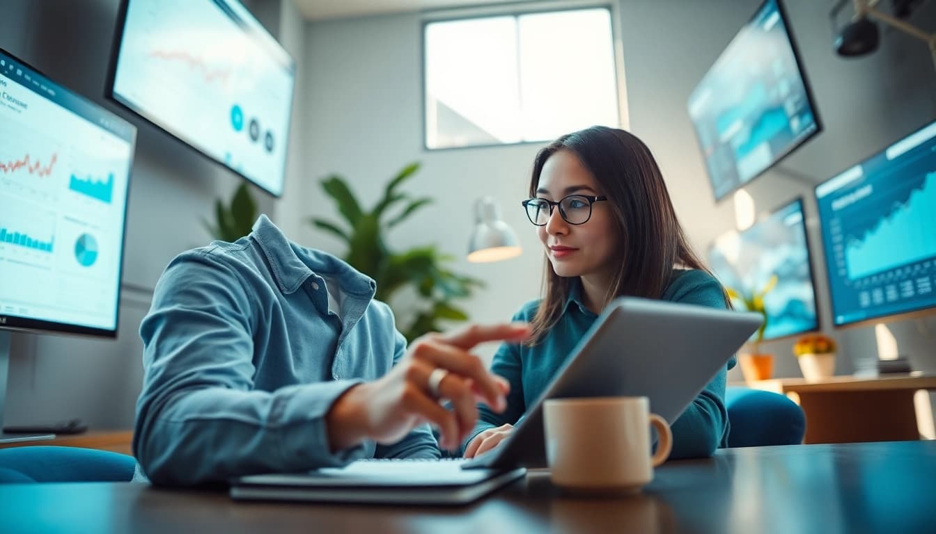 Engaged user utilizing innovative ai apps in a dynamic office environment