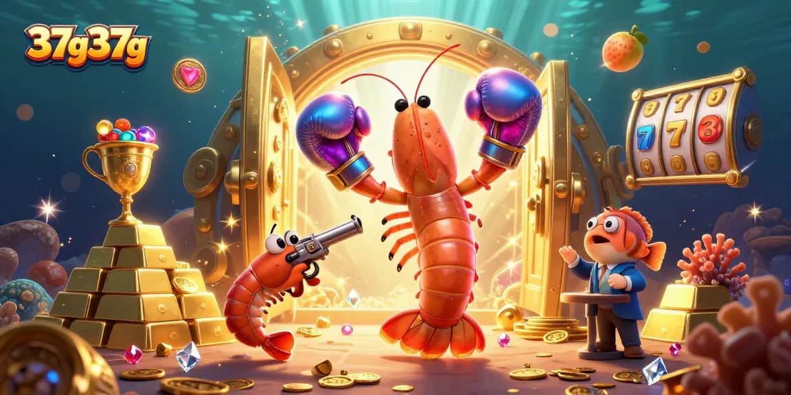 37g37g slots excitement as cartoon mantis shrimp and friends celebrate big wins with treasures and dazzling gems.