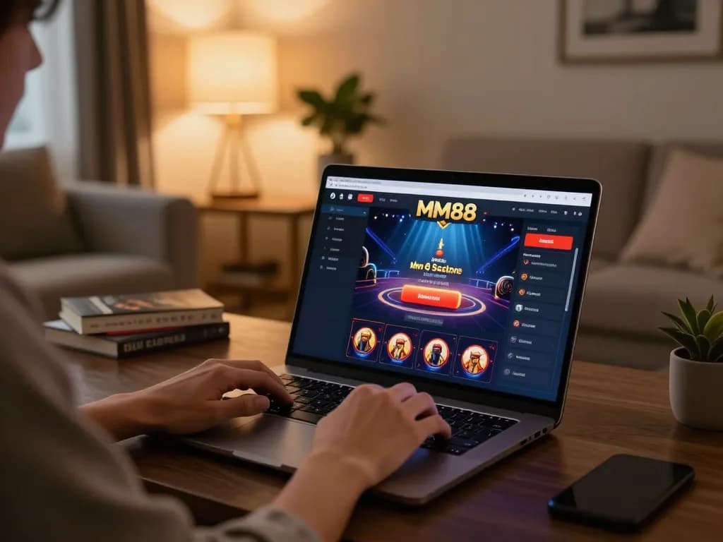 MM88 player enjoying online gaming at home, showcasing a vibrant casino interface.