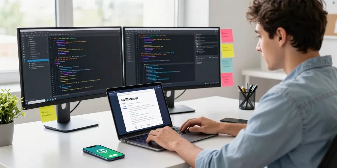Developer using GB WhatsApp on laptop in a modern workspace, showcasing coding and collaboration.