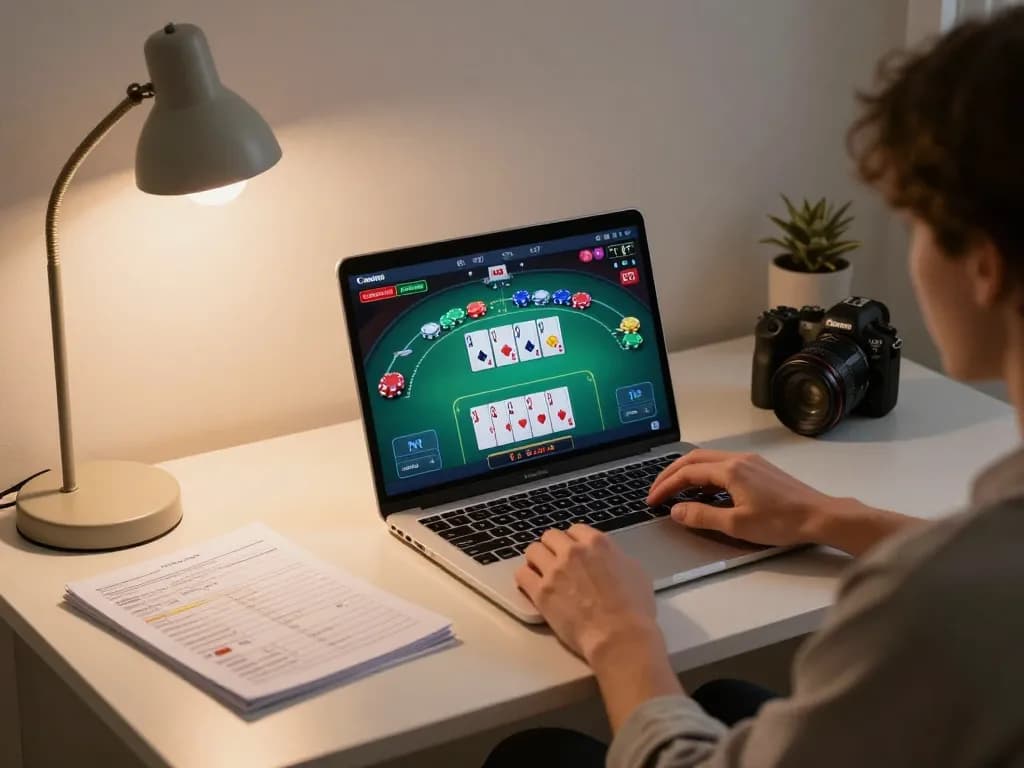 Engaging in online poker at home with link 98win displayed on the screen, enhancing gaming strategy and enjoyment.