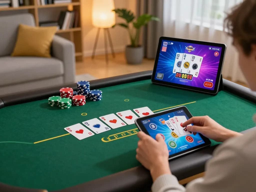 Player enjoying an online poker game on mk8 tablet with engaging graphics and cozy atmosphere