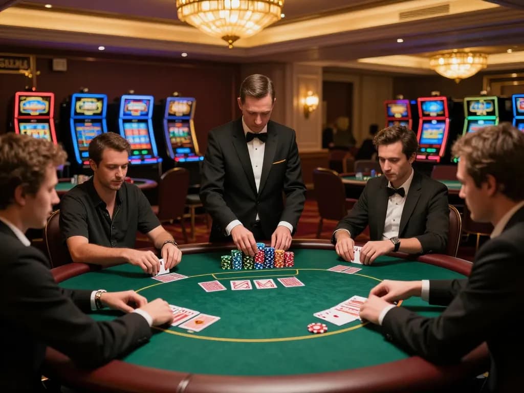 FAFA 828 players engaged in an intense poker game at an upscale casino, showcasing strategic gameplay.