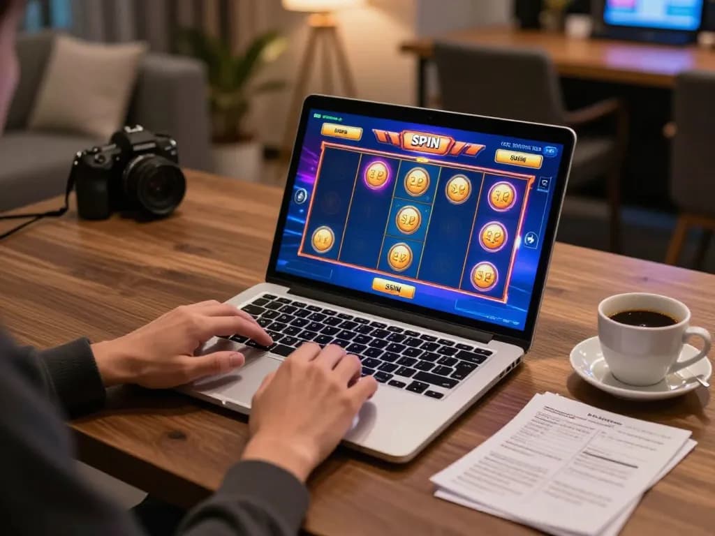 Engaging in online gaming, claiming bonus new member 100 to 8x on a vibrant laptop setup.