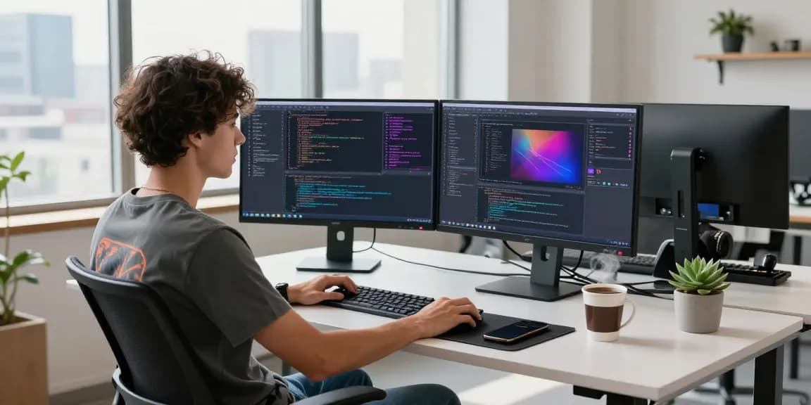 Download 纸飞机下载 in a modern tech workspace with vibrant coding displays and an inspiring urban backdrop.