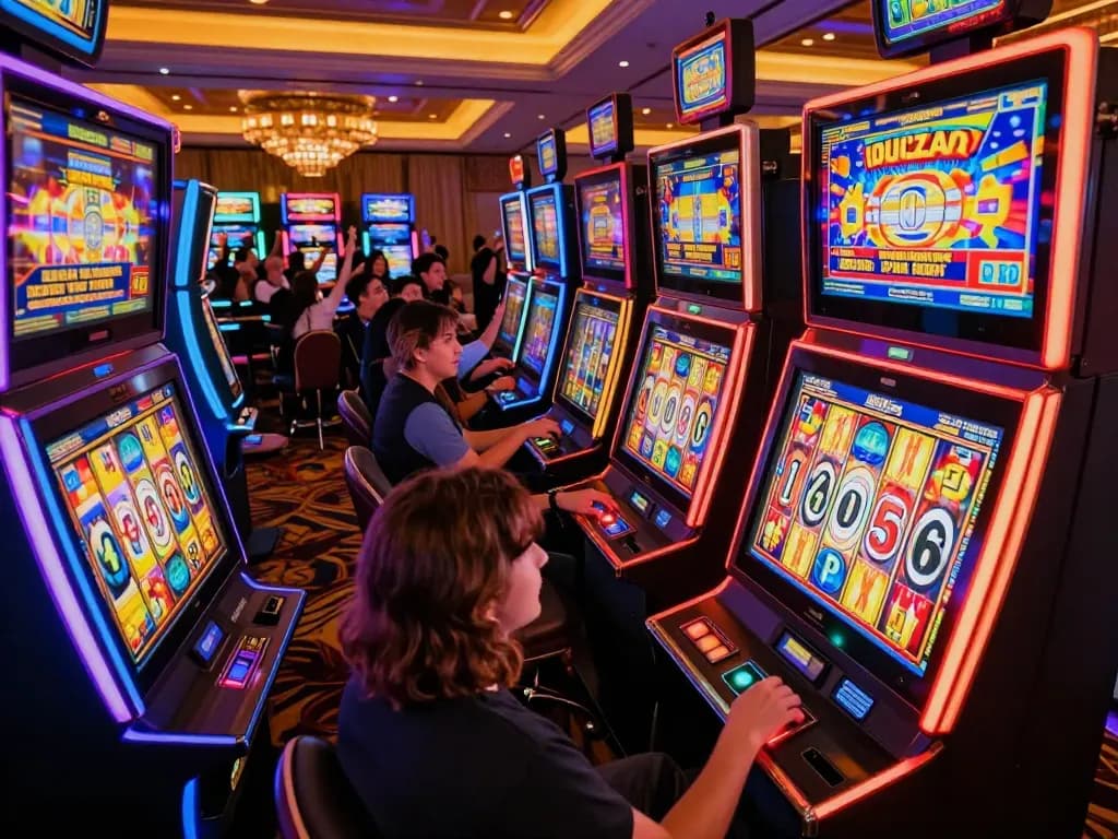 Spinning slot machines showcasing vibrant gameplay and excited players in a lively casino setting