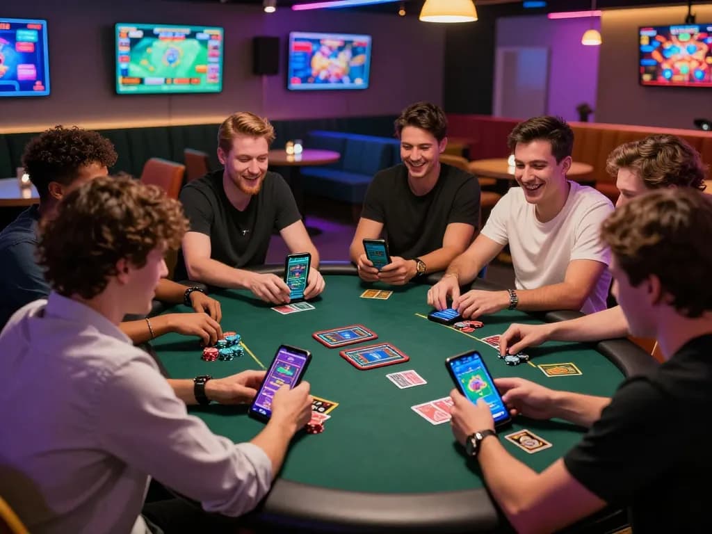 Friends enjoying bk8 online gaming in a lively casino atmosphere with vibrant screens and poker chips.