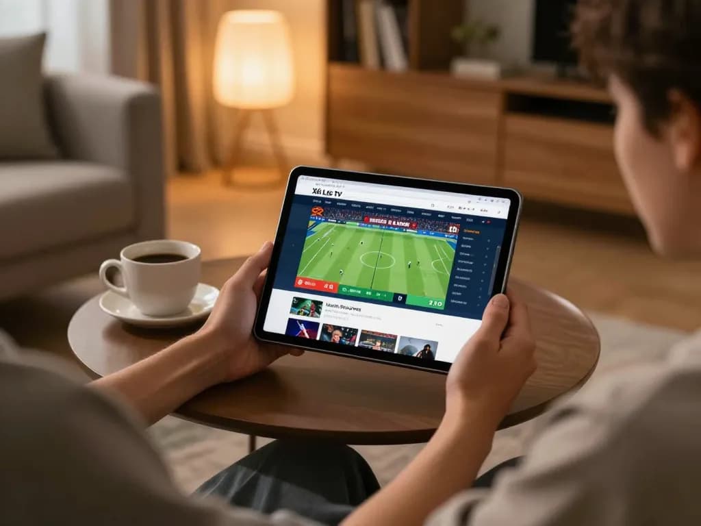 Xôi Lạc TV streaming excitement of live football match, showcasing engaged sports betting on tablet.