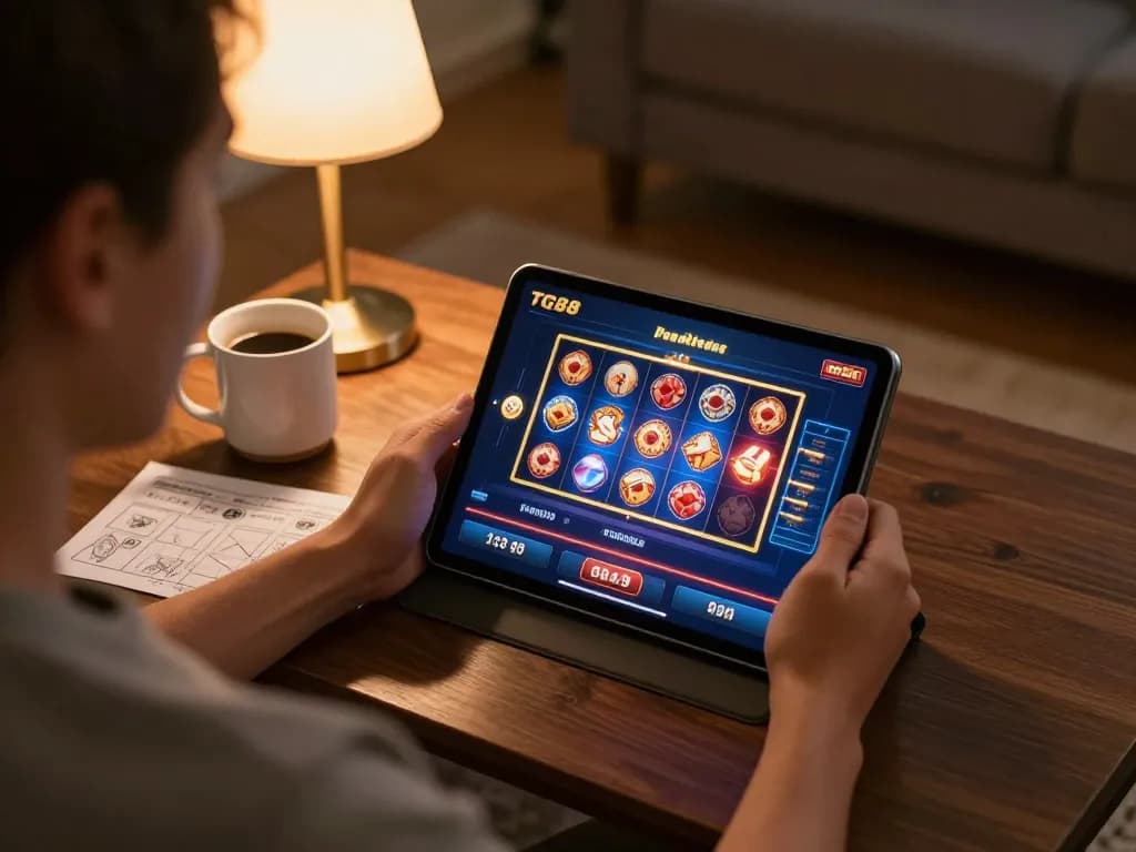 Player enjoying a dynamic betting experience on TG88 casino app at home, engaging with interactive slots.