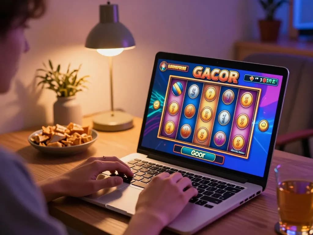 Engaging gameplay of slot gacor on a laptop highlighting colorful reels and user interaction