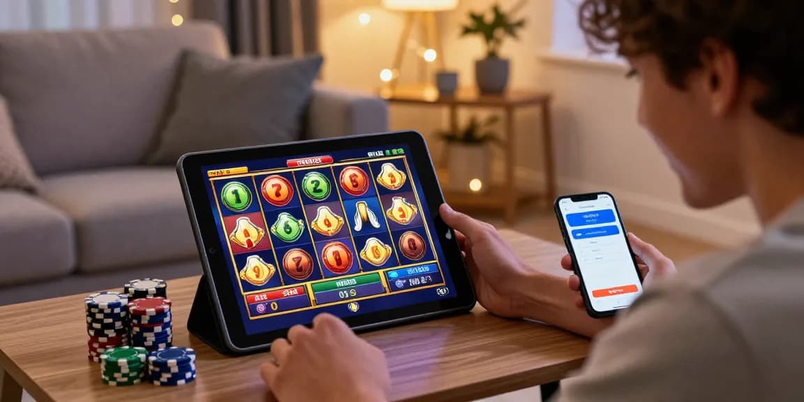 Player enjoying slot dana game on tablet with colorful graphics in cozy living room setting.