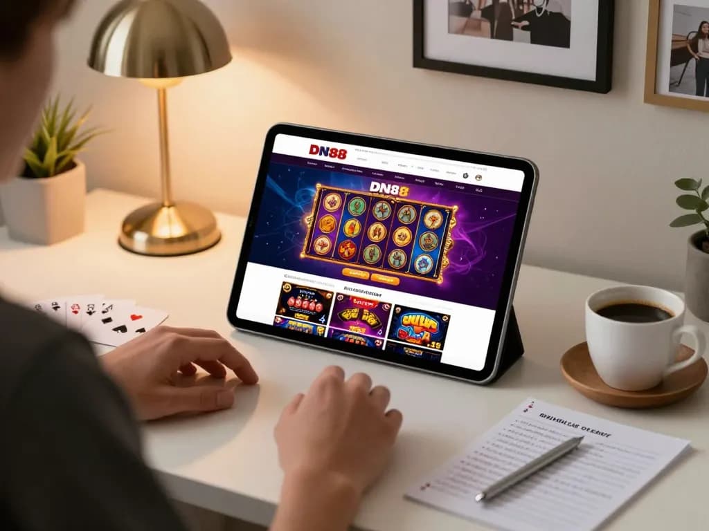 Engaging scene of online gaming at DN88 with a player focused on tablet showing casino games.