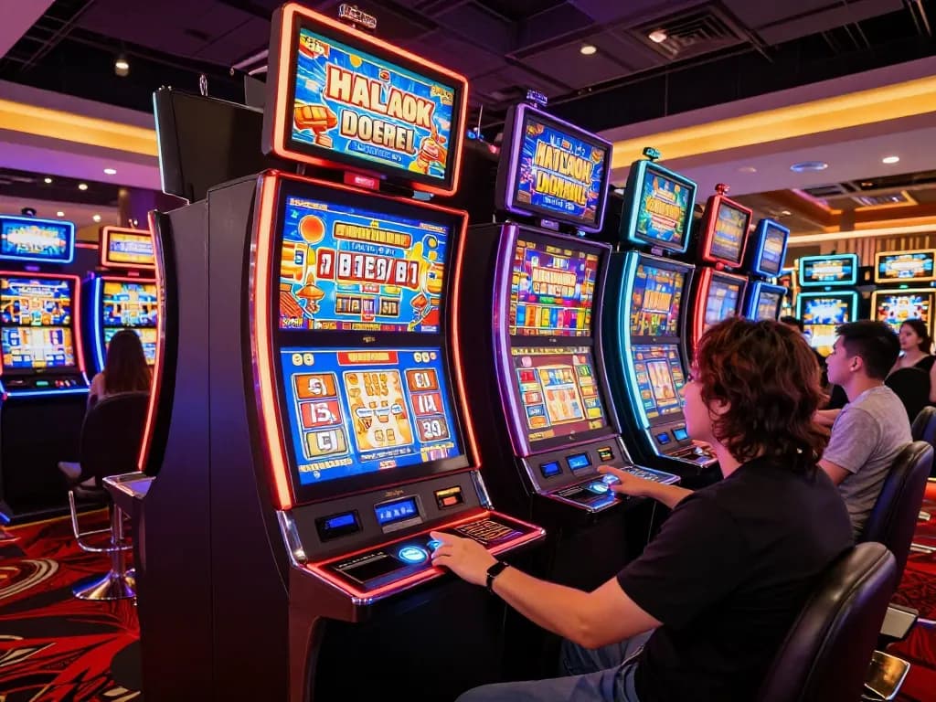 Players enjoying thrilling slot gameplay at vibrant casino machines.