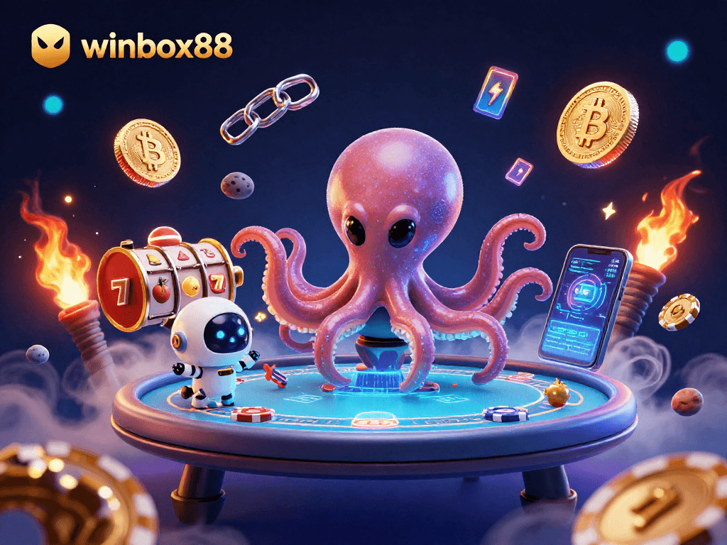 Experience excitement at winbox88 with an alien octopus in a shimmering casino space, featuring slot elements.