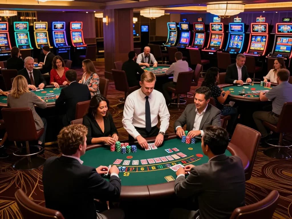 Players at thabet casino engaged in blackjack, vibrant atmosphere with dealers and colorful decor.