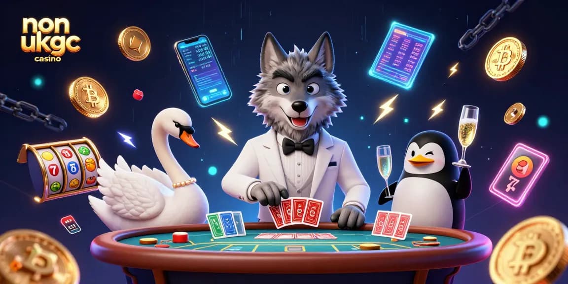 Win big at a non ukgc casino surrounded by lively characters and vibrant crypto elements.