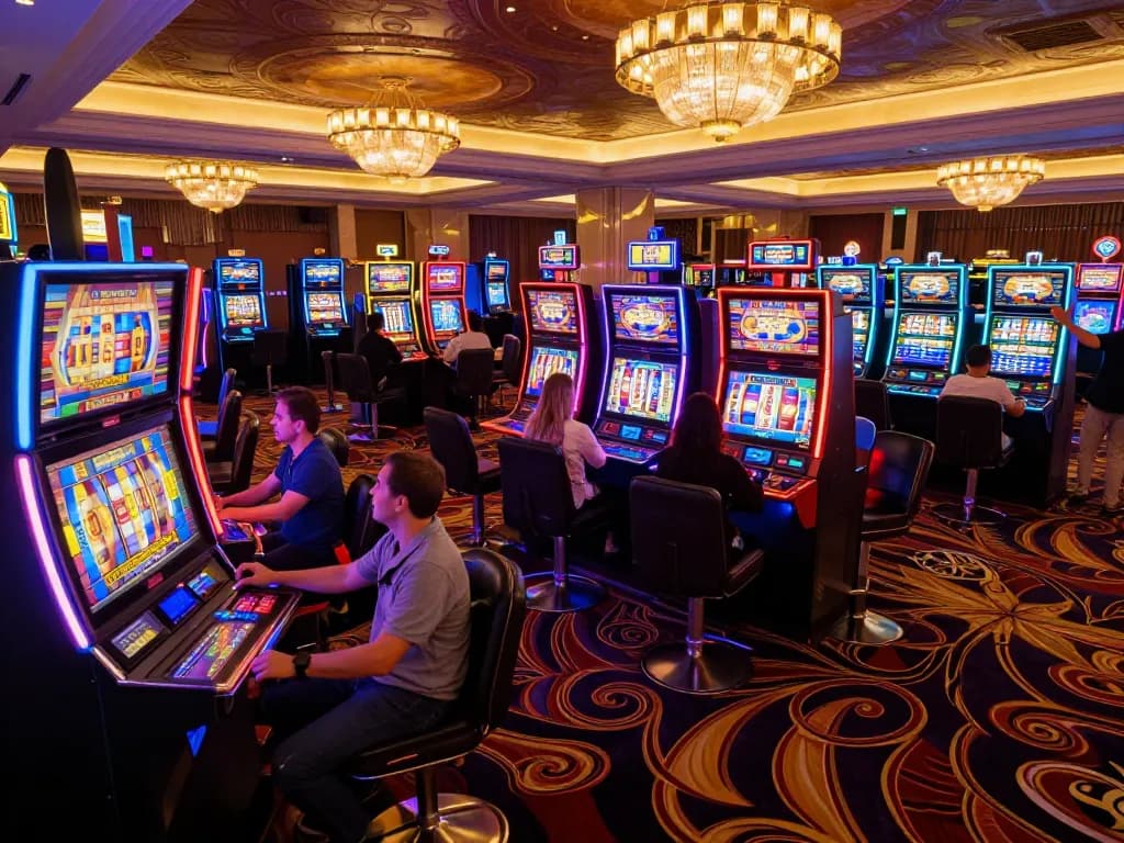 Players celebrating wins at slots in a vibrant okwin casino, showcasing excitement and luxury.