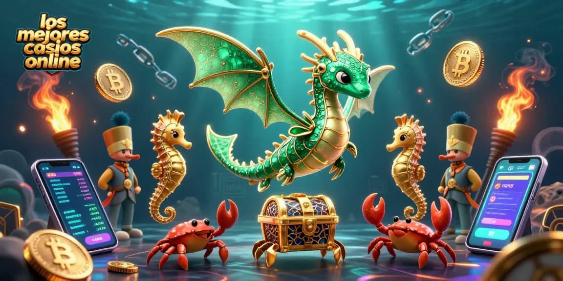 Los mejores casinos online muestran una ilustración 3D mágica con un dragón marino y monedas brillantes.