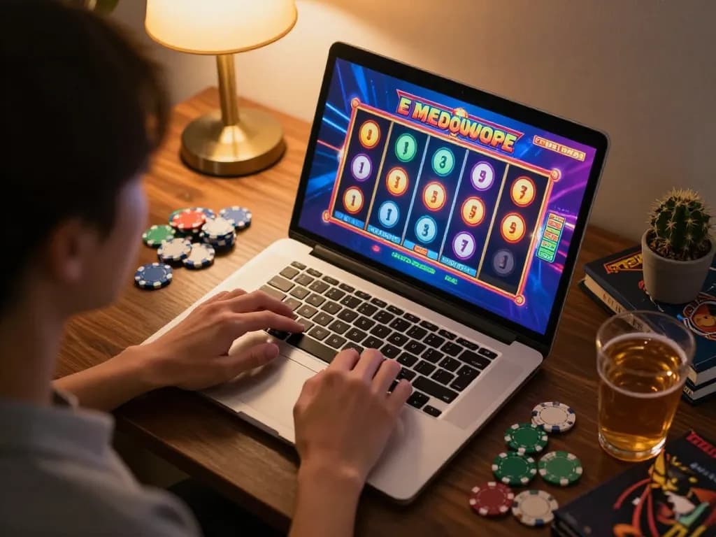 Engage in thrilling gameplay with link slot777 on a laptop, showcasing vibrant slot game graphics and a cozy home environment.