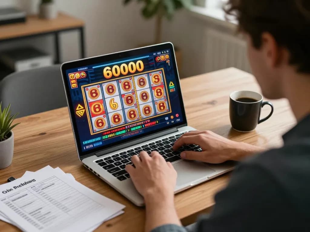 SLOT6000 online gaming session in a cozy home office, focused player with strategy notes.