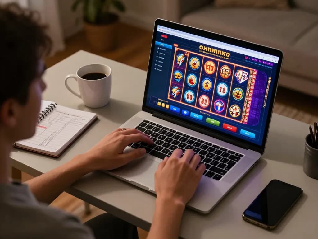 Engaged user exploring nhà cái uy tín while playing online casino games on a laptop at home