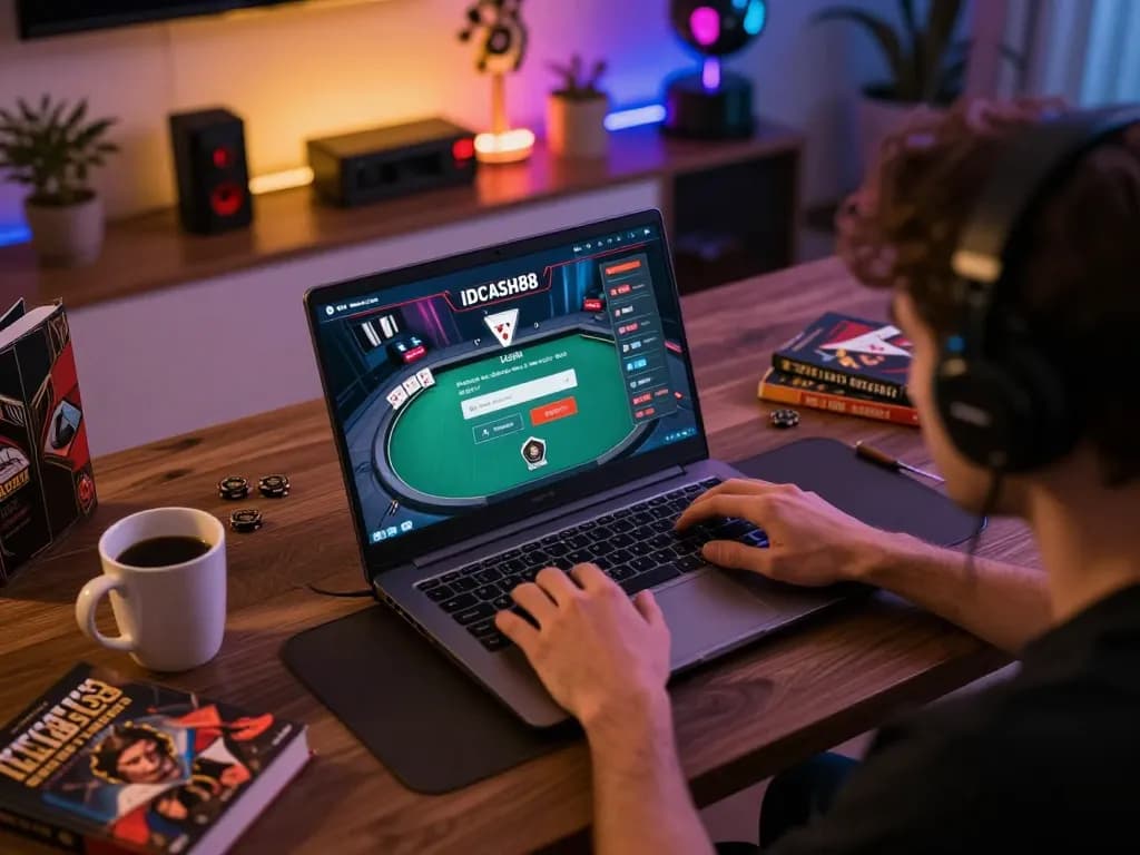 Engaging in an IDCASH88 Login session at home with a detailed poker interface on the screen.