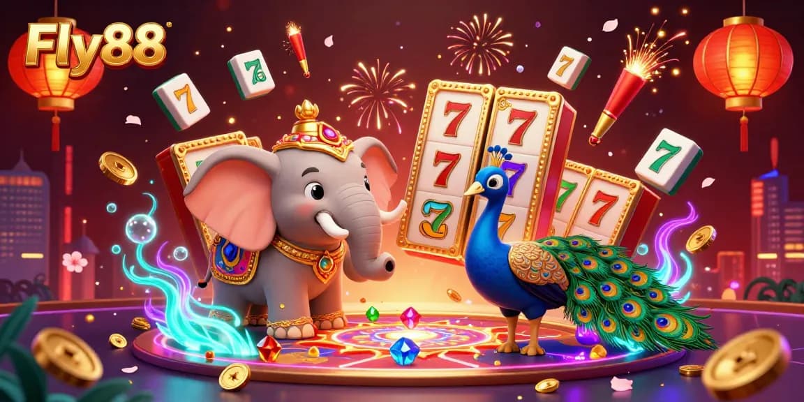 Engage with Fly88's vibrant casino atmosphere featuring festive elements and dynamic slot games.