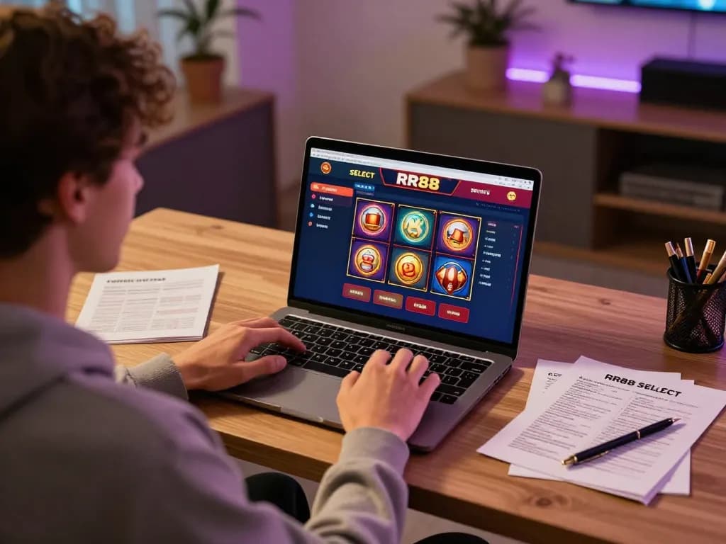 Engaged player utilizing RR88 SELECT for online gambling strategy in a modern home office.